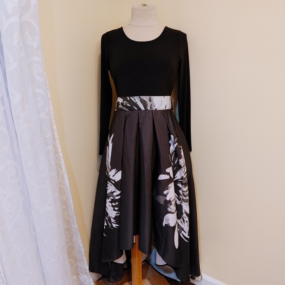 Venus High-Low Black Party Dress with White and Black Floral Print size 6